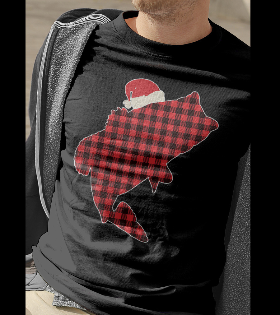 Christmas Fish Santa Hat Red Plaid Buffalo T-Shirt