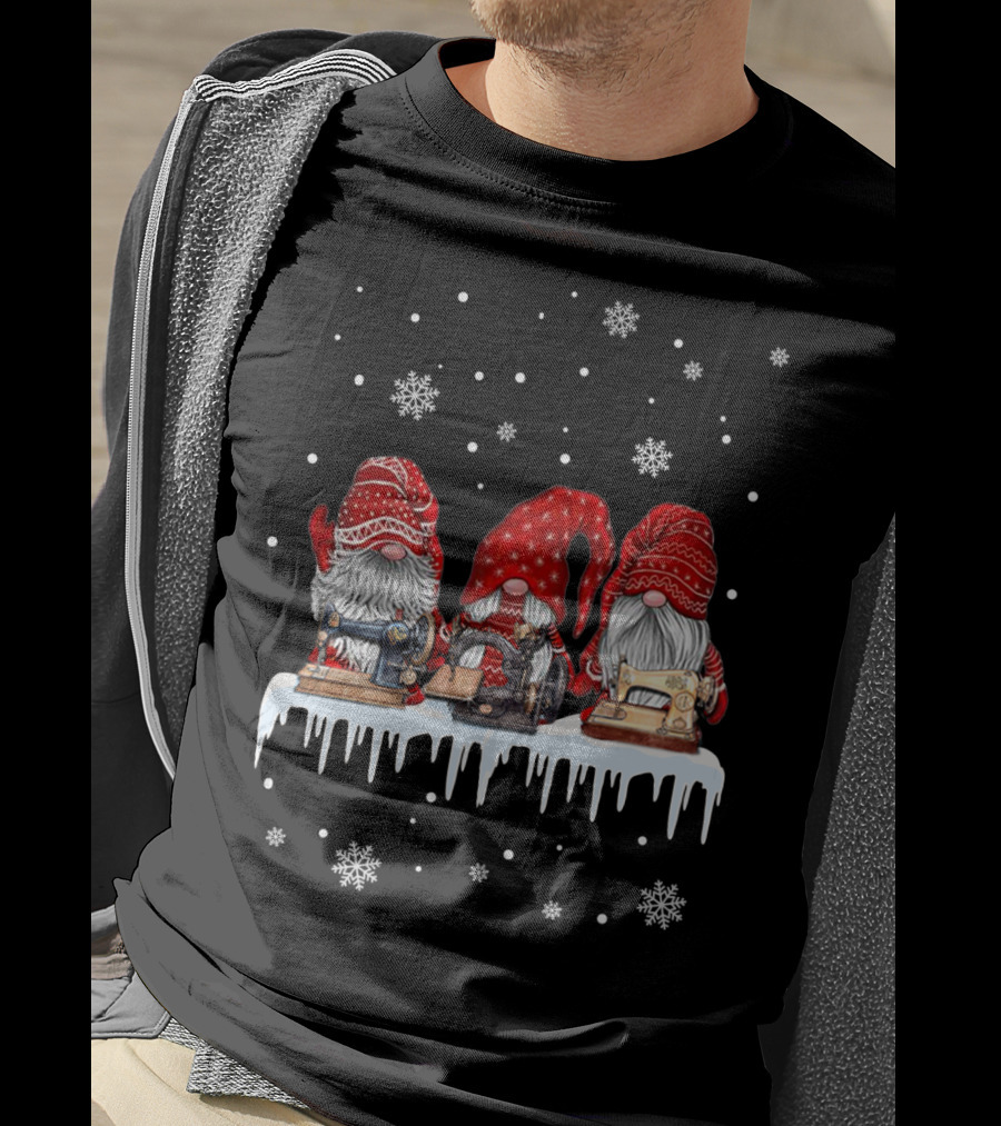 Christmas Gnomes Red Sewing Machine Snowflakes Winter Scene T-Shirt