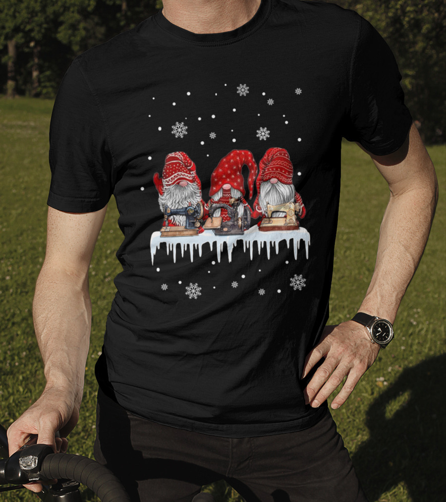 Christmas Gnomes Red Sewing Machine Snowflakes Winter Scene T-Shirt
