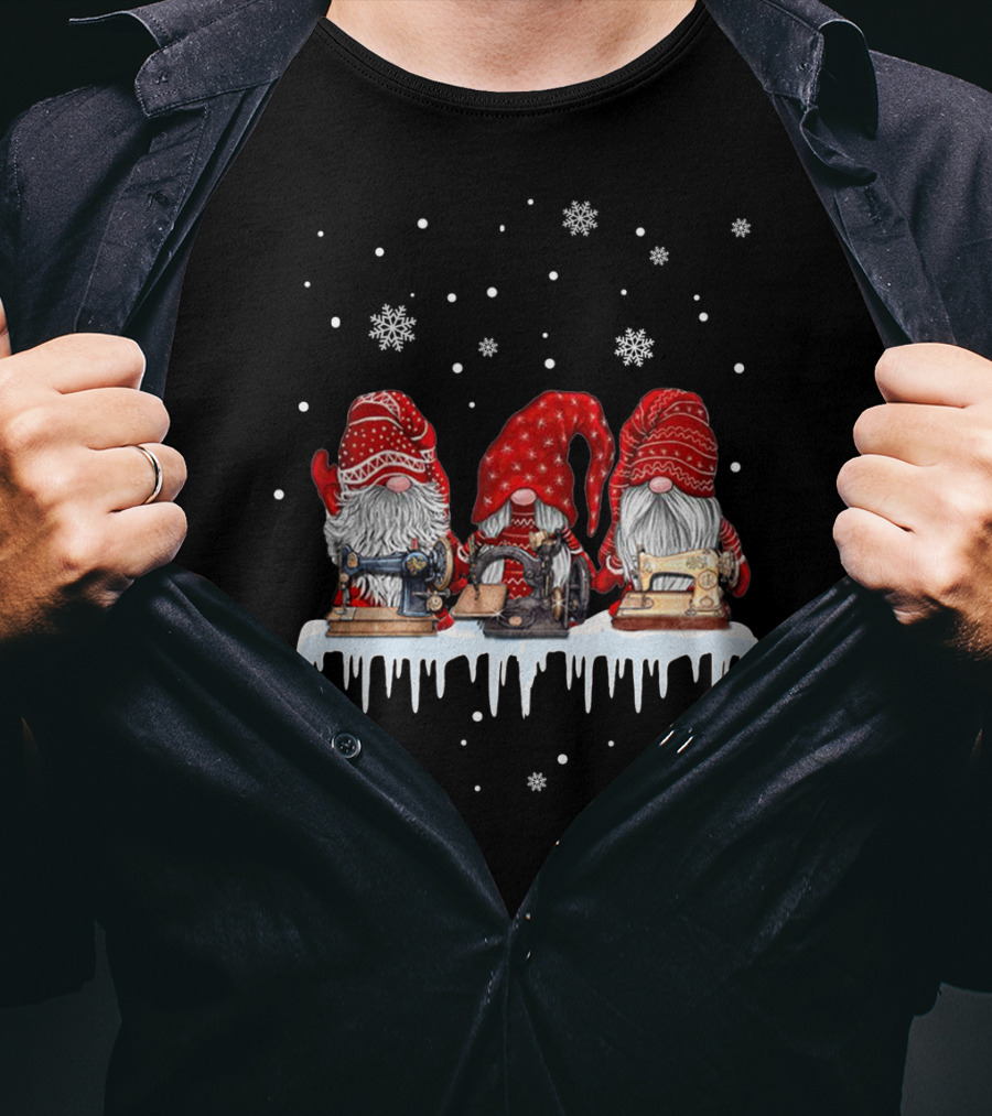 Christmas Gnomes Red Sewing Machine Snowflakes Winter Scene T-Shirt