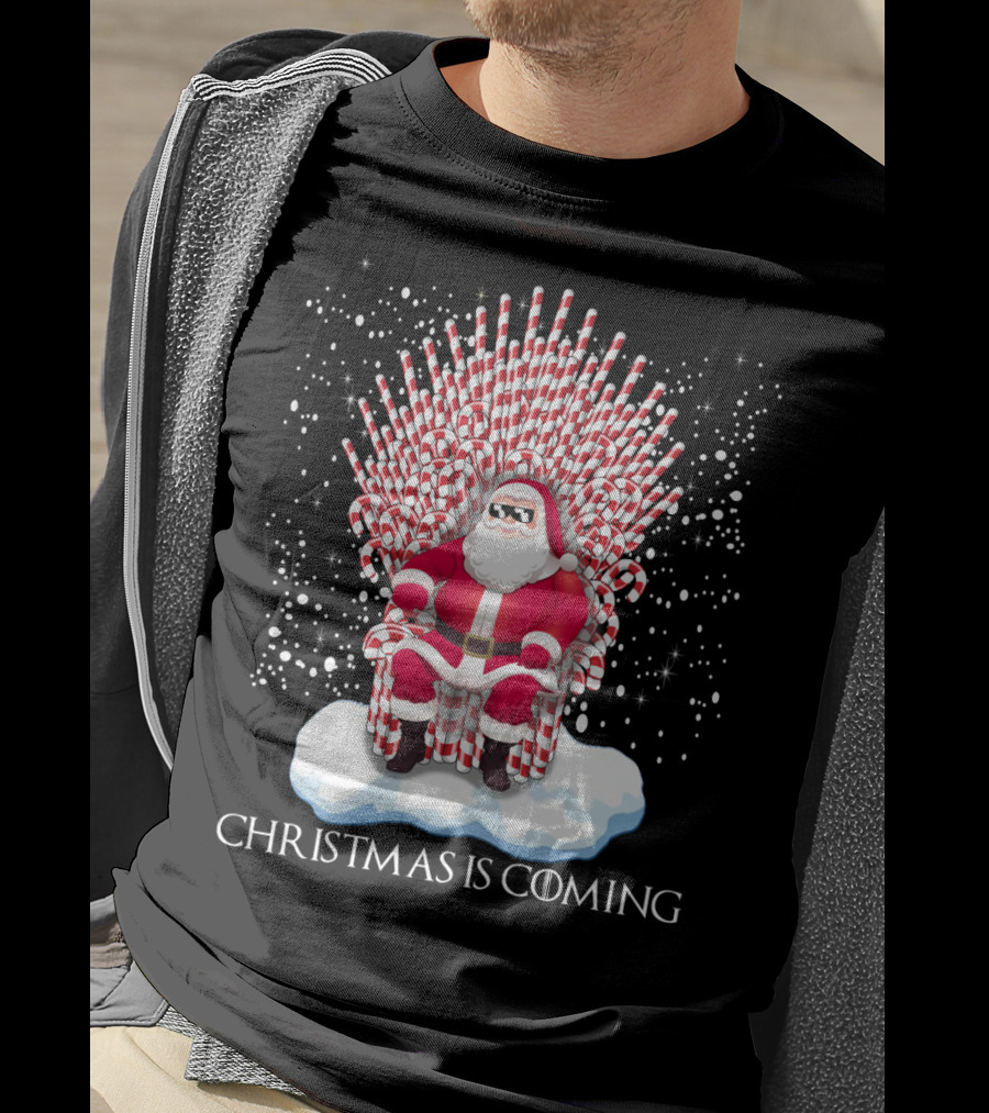Santa On Candy Cane Throne Christmas Is Coming Snowflakes T-Shirt