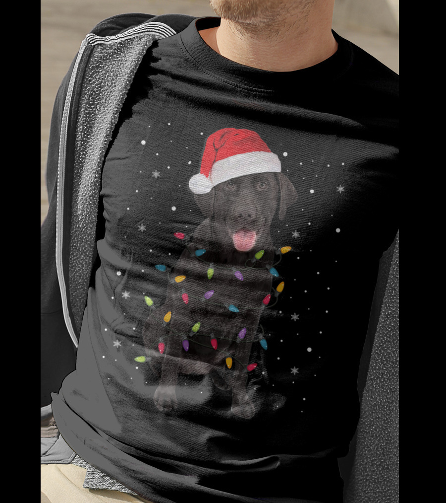 Christmas Black Labrador Retriever With Santa Hat And Holiday Lights T-Shirt
