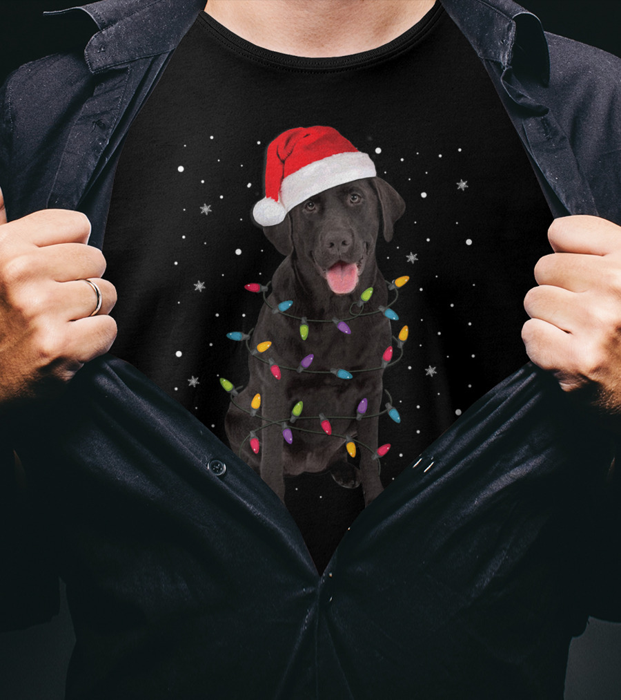 Christmas Black Labrador Retriever With Santa Hat And Holiday Lights T-Shirt