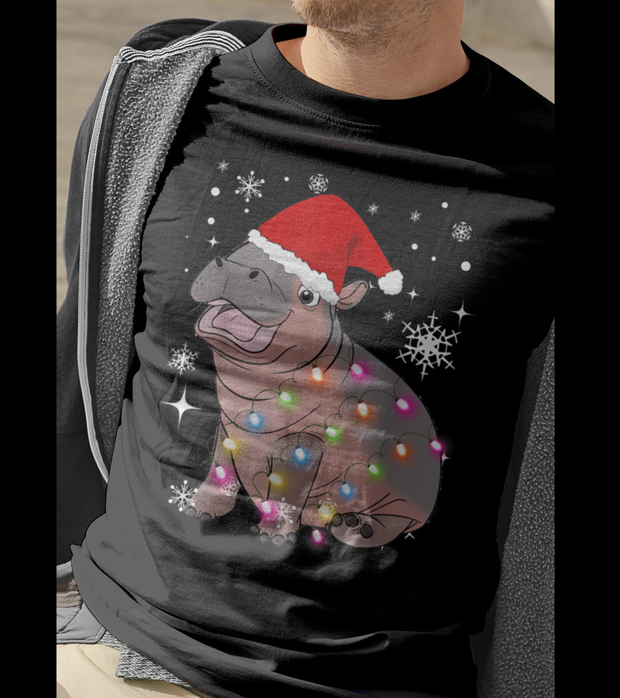 Christmas Lights Baby Hippo Fiona Santa Hat T-Shirt