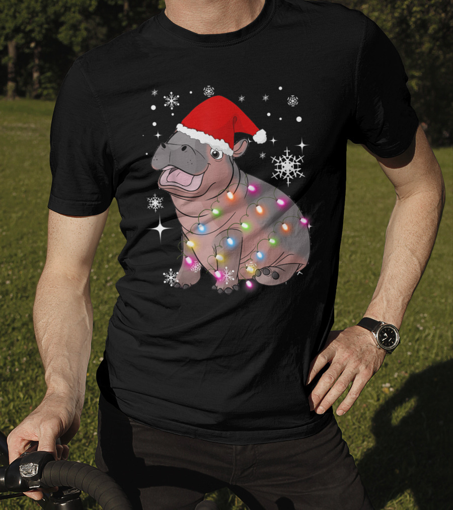 Christmas Lights Baby Hippo Fiona Santa Hat T-Shirt