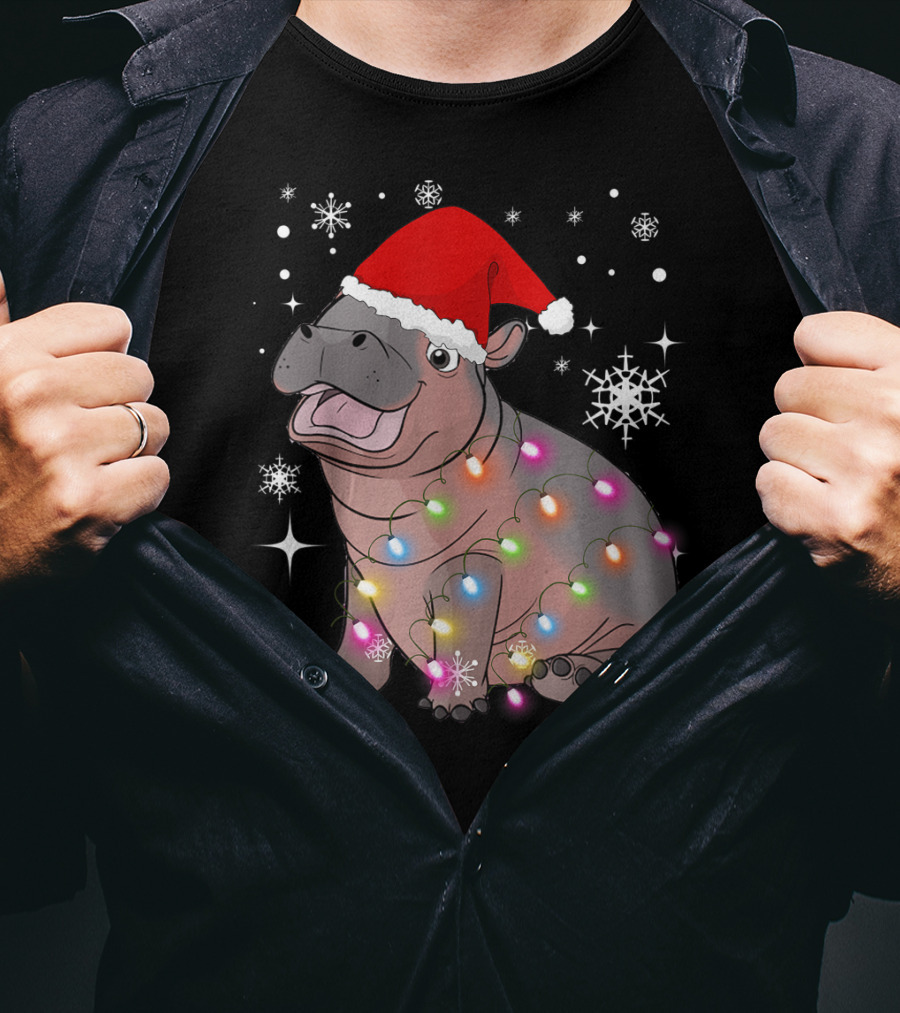 Christmas Lights Baby Hippo Fiona Santa Hat T-Shirt