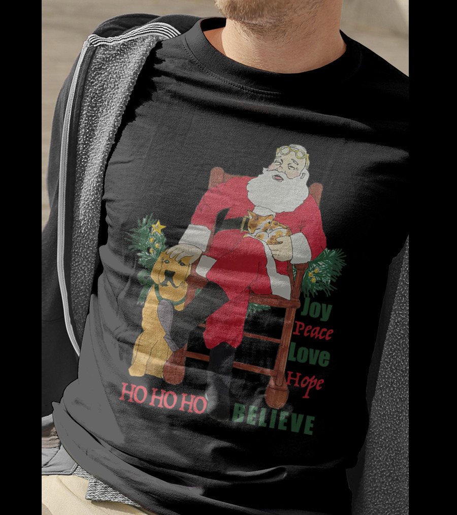 Christmas Santa With Dog And Cat Joy Peace Love Hope Believe Ho Ho Ho T-Shirt