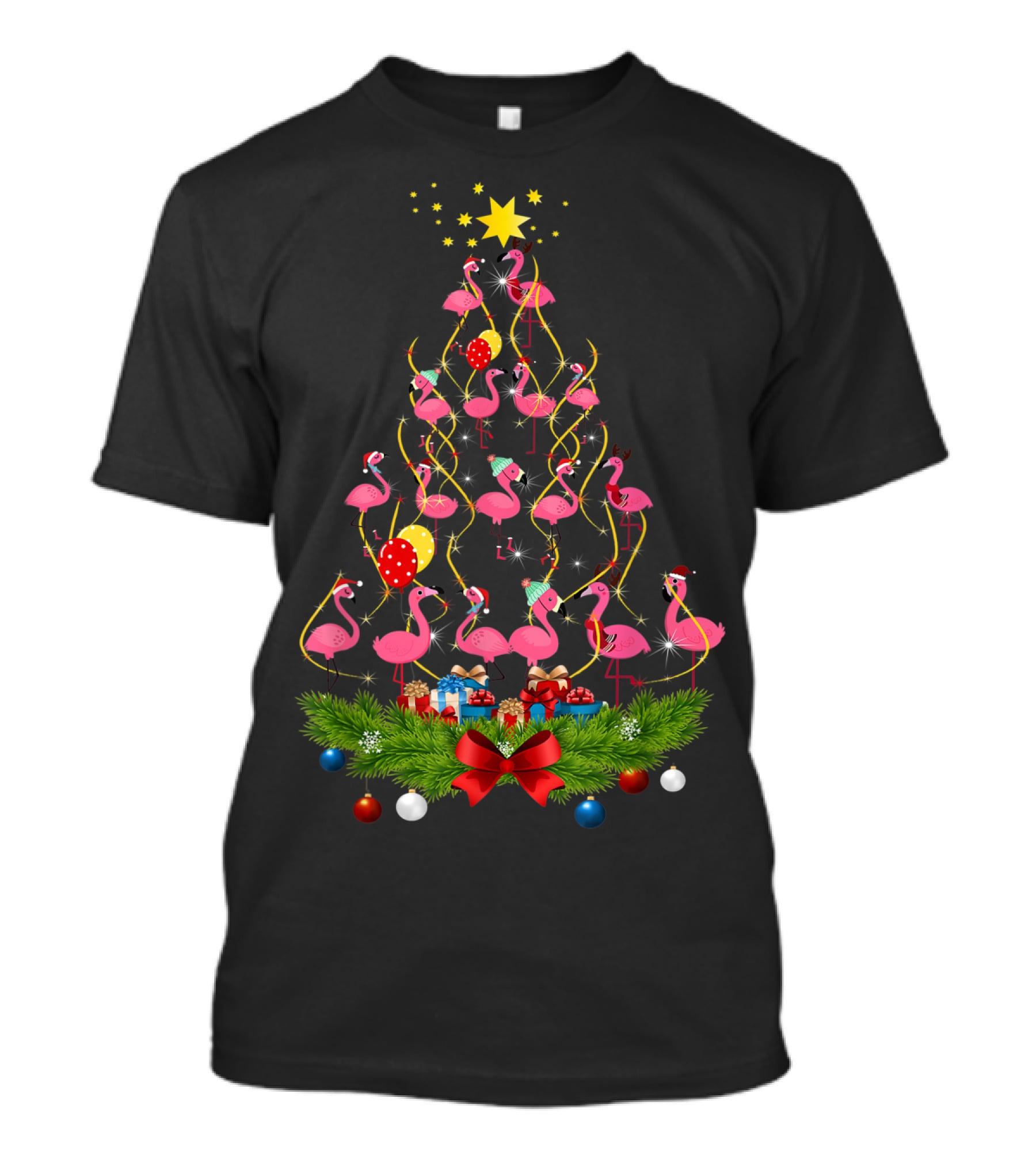 Pink Flamingo Christmas Tree With Santa Hats And Festive Decorations T-Shirt