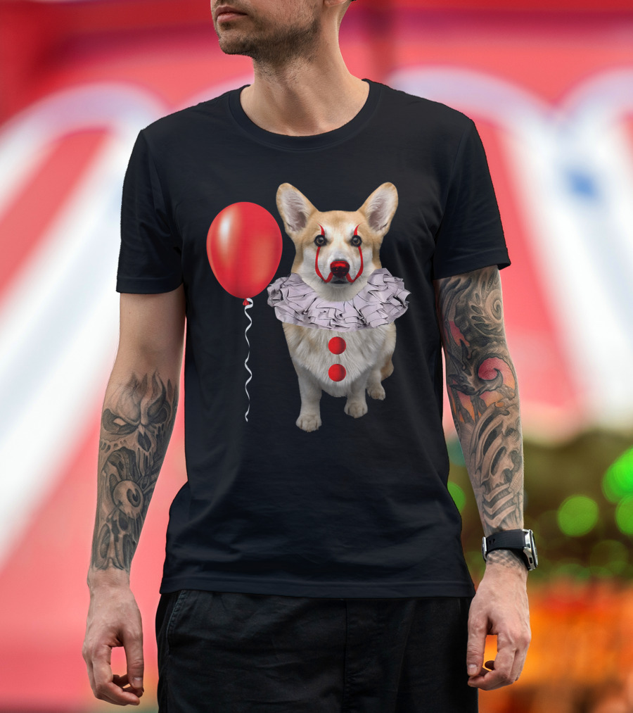 Corgi Clown Costume with Red Balloon Scary Funny Corgi T-Shirt