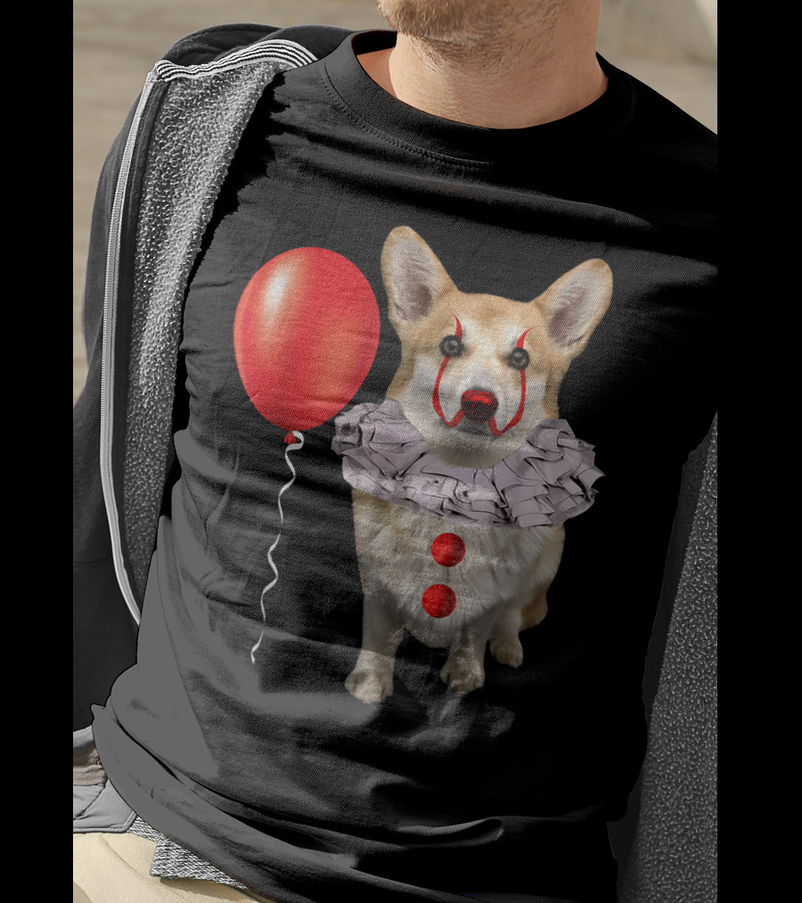Corgi Clown Costume With Red Balloon Scary Funny Corgi T-Shirt