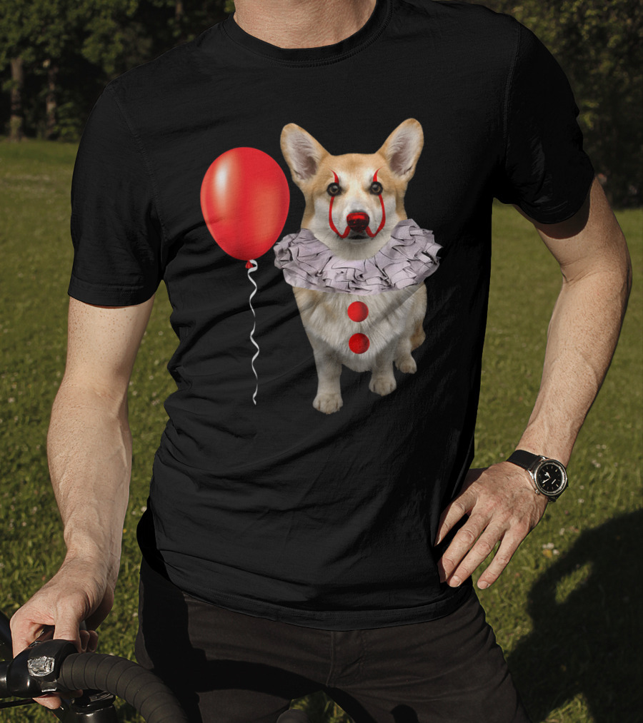 Corgi Clown Costume With Red Balloon Scary Funny Corgi T-Shirt
