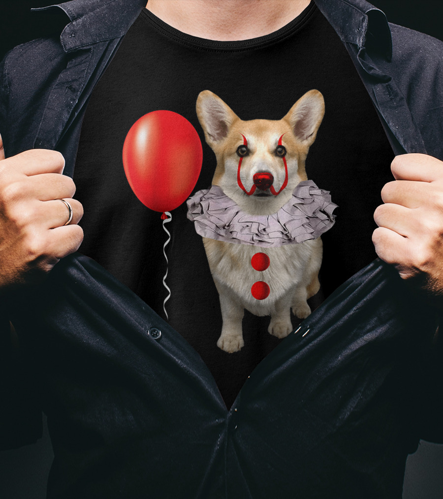 Corgi Clown Costume With Red Balloon Scary Funny Corgi T-Shirt