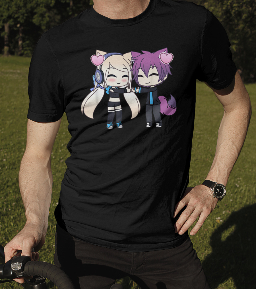 Cute Kawaii Chibi Anime Girl And Boy With Hearts And Cat Ears T-Shirt