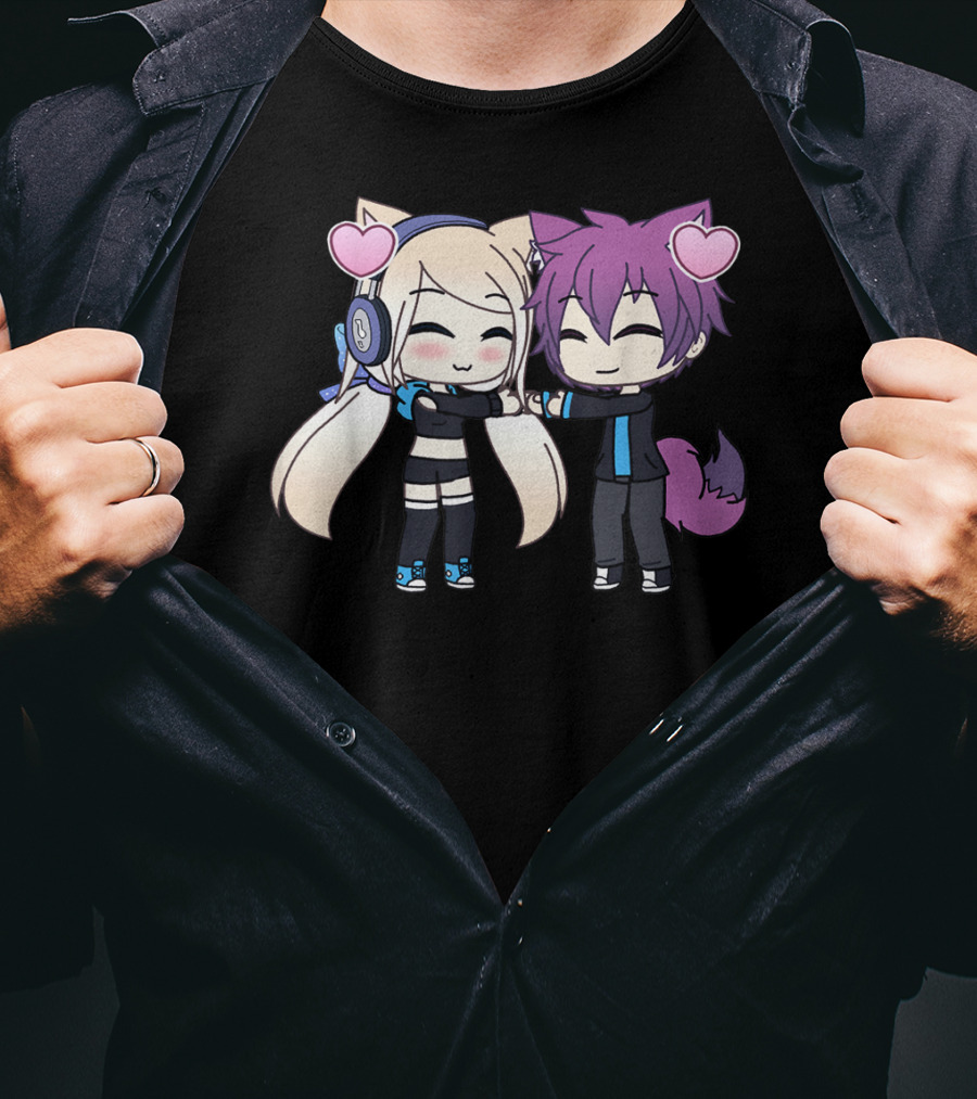 Cute Kawaii Chibi Anime Girl And Boy With Hearts And Cat Ears T-Shirt