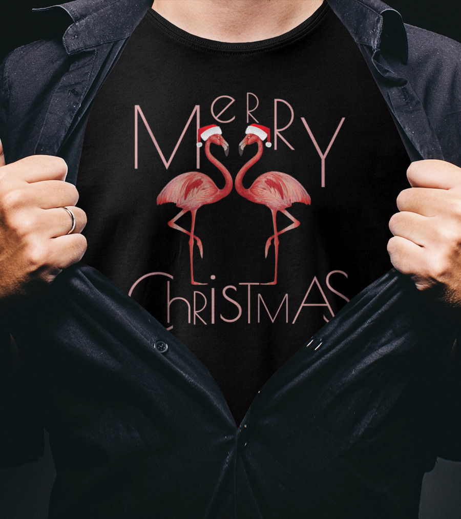 Merry Christmas Cute Pink Flamingo Santa Hat T-Shirt