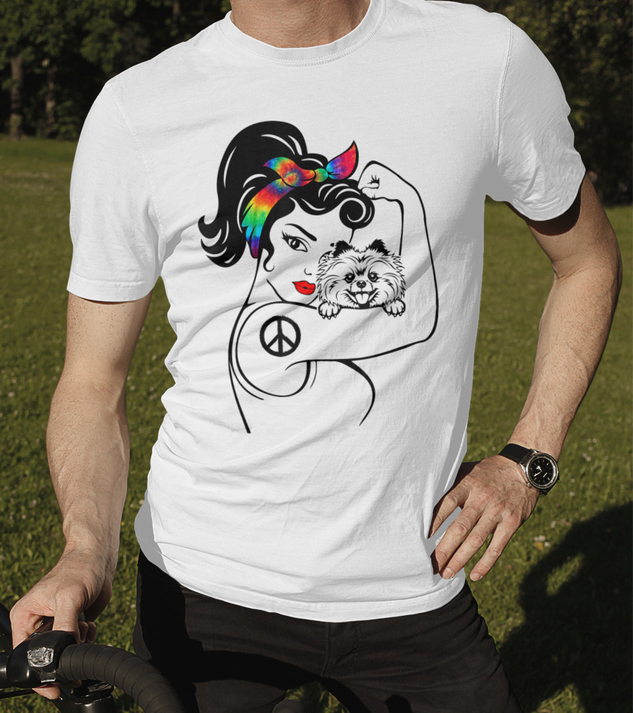 Cute Pomeranian Mom Peace Rainbow Bandana T-Shirt