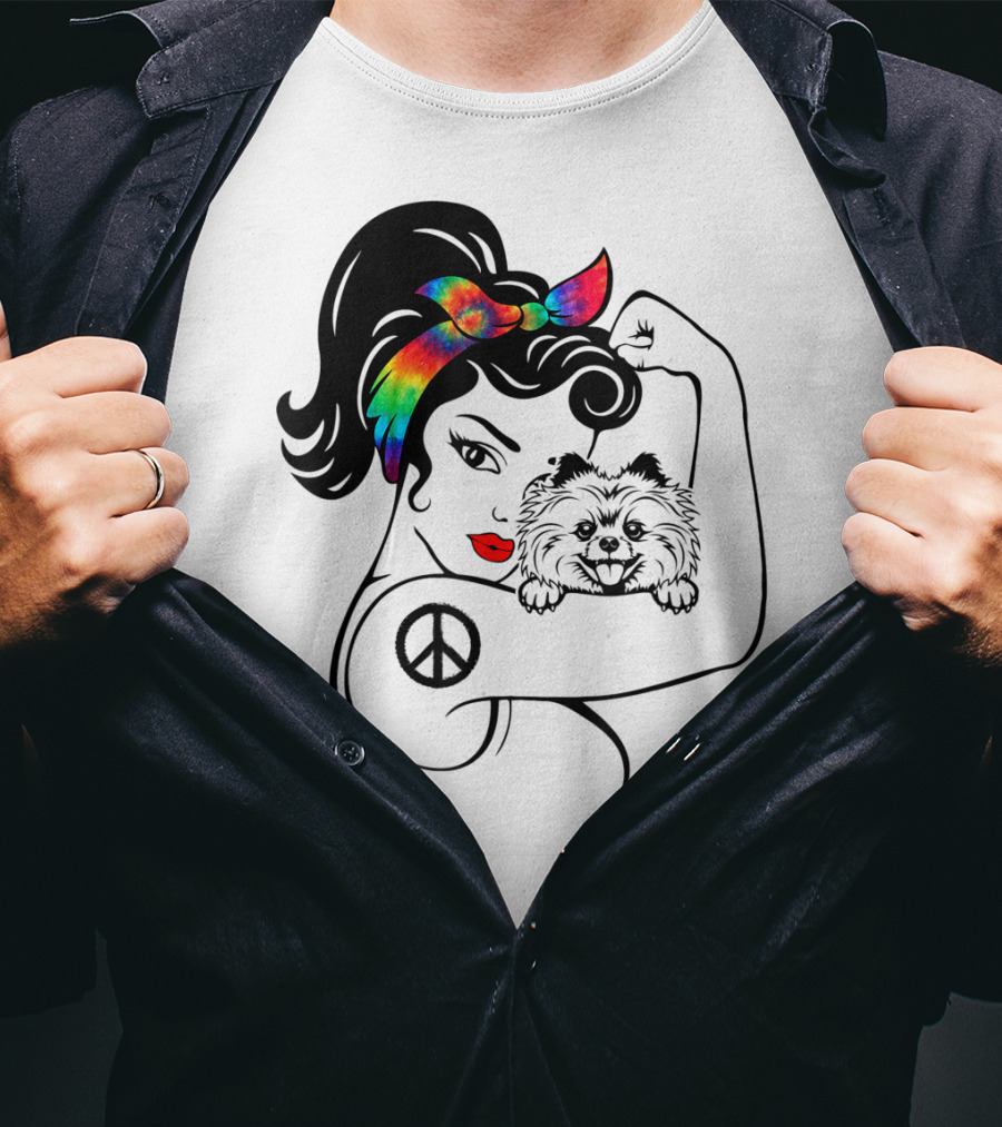 Cute Pomeranian Mom Peace Rainbow Bandana T-Shirt