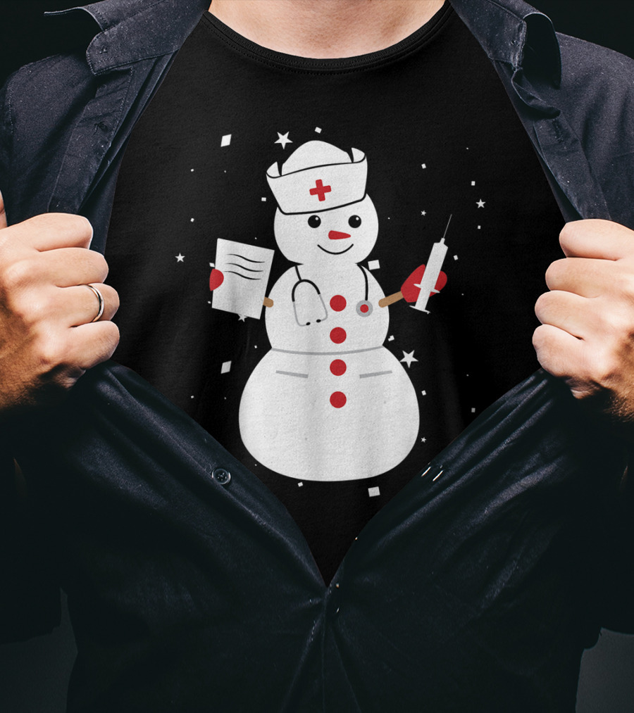 Nurse Snowman Holding Syringe And Clipboard For Cute Christmas Winter T-Shirt