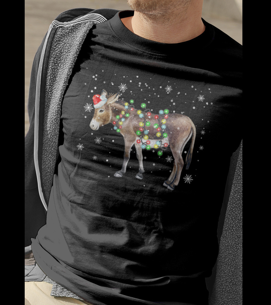 Donkey Christmas Santa Hat Colorful Lights Snowflakes Xmas T-Shirt