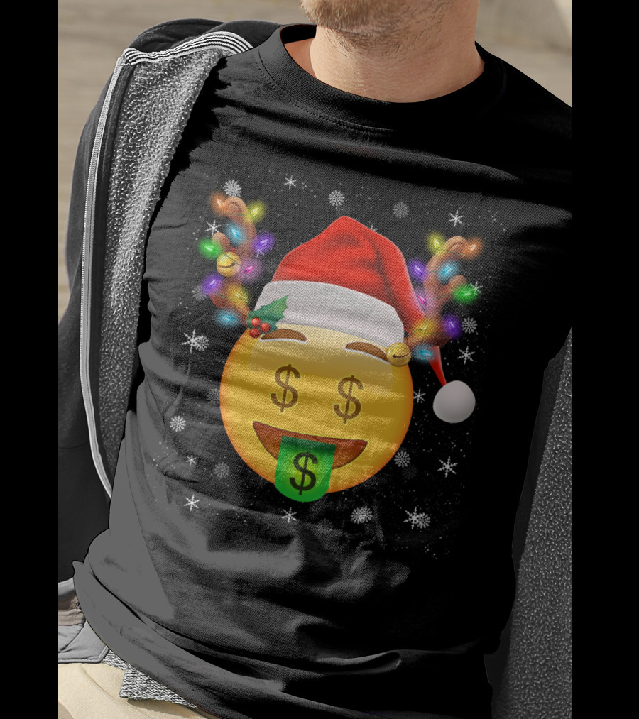 Santa Hat Reindeer Antlers Emoji Money Face T-Shirt