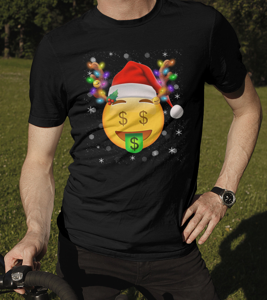 Santa Hat Reindeer Antlers Emoji Money Face T-Shirt