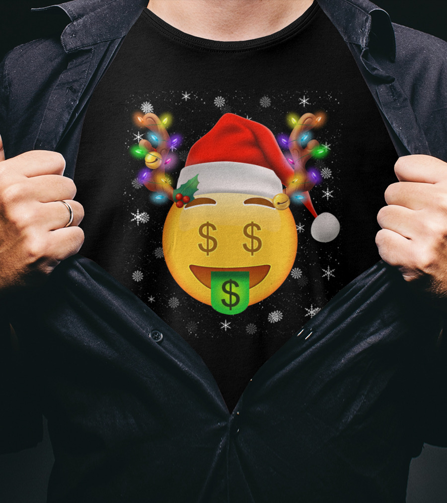Santa Hat Reindeer Antlers Emoji Money Face T-Shirt
