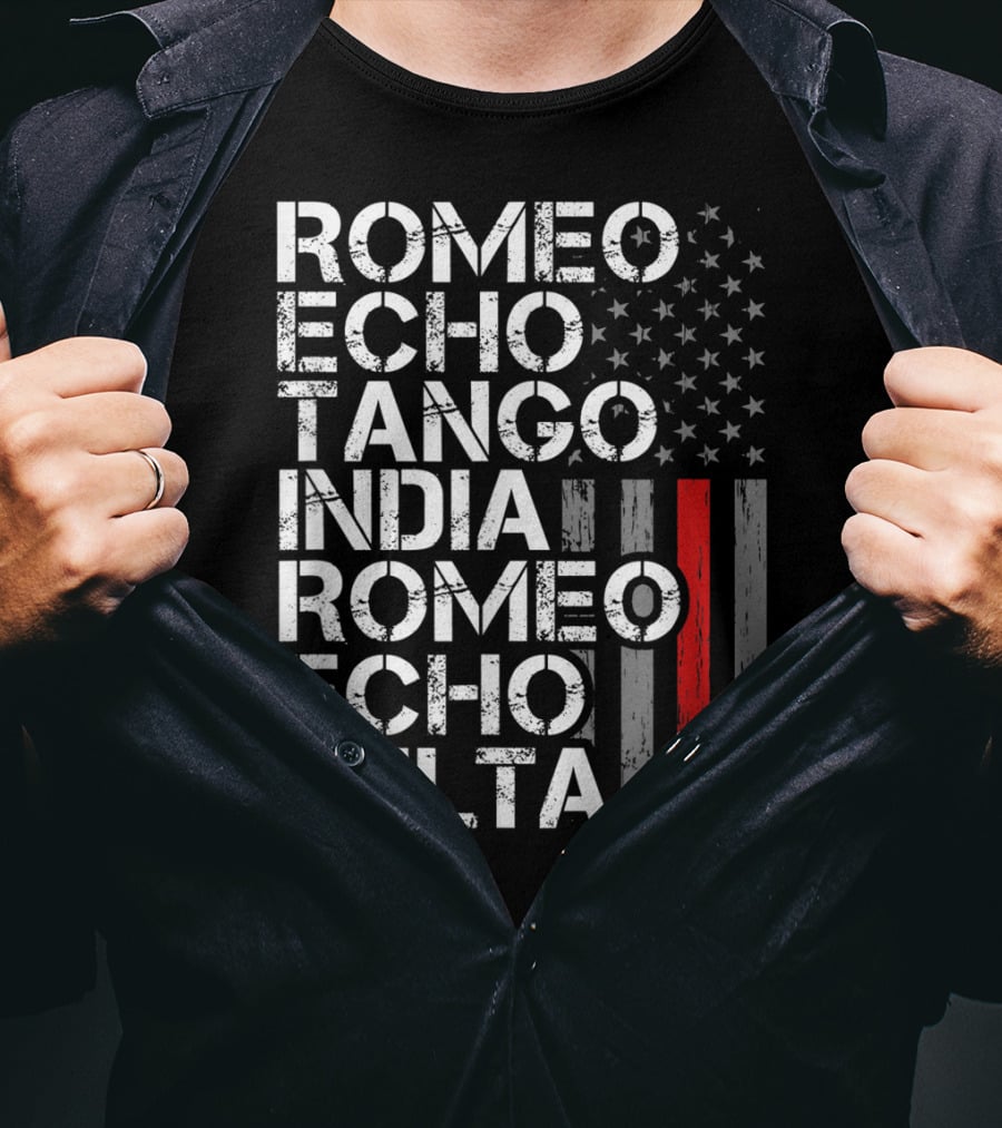 Romeo Echo Tango India Romeo Echo Delta Thin Red Line Retired Firefighter American Flag T-Shirt