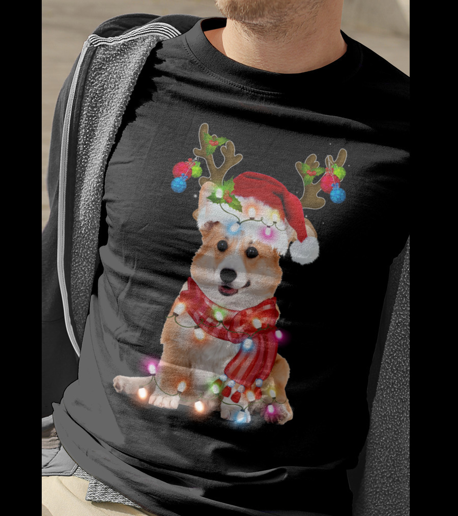 Corgi Christmas Reindeer Antlers Festive Lights And Santa Hat T-Shirt