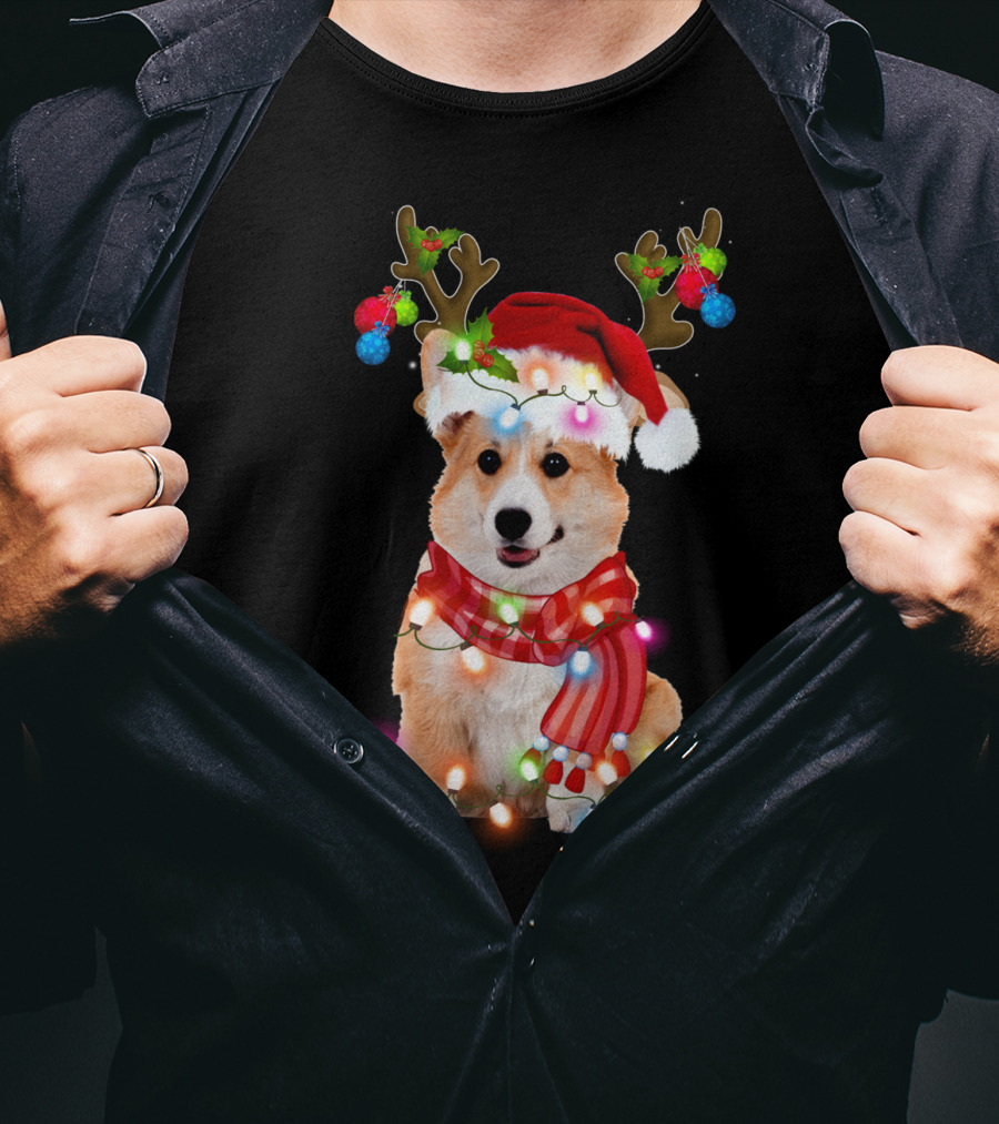 Corgi Christmas Reindeer Antlers Festive Lights And Santa Hat T-Shirt