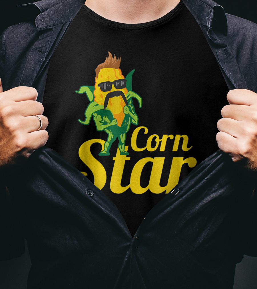 Funny Corn Star With Sunglasses And Mustache Maize Character T-Shirt