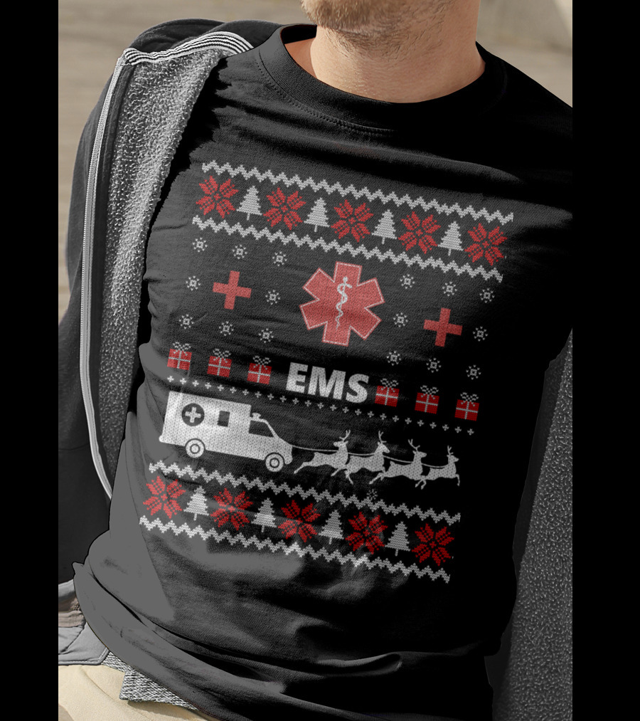 Funny EMS Christmas Ambulance Reindeer Ugly T-Shirt