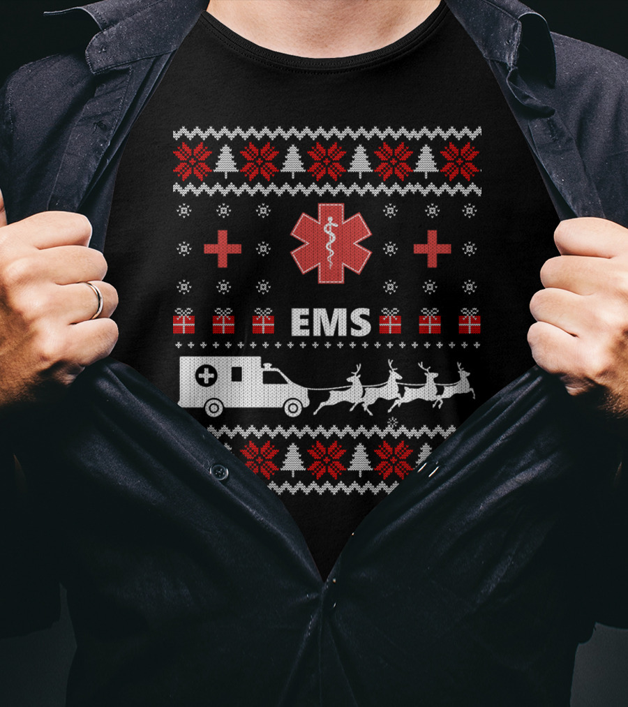 Funny EMS Christmas Ambulance Reindeer Ugly T-Shirt