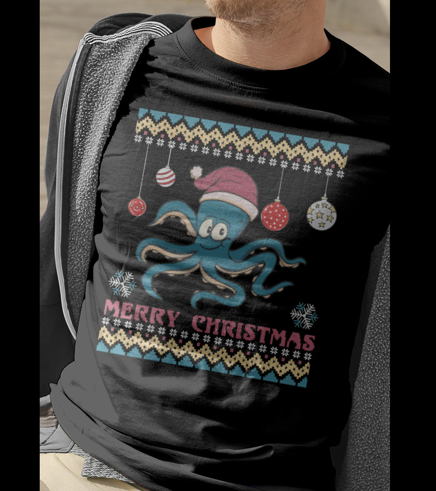 Merry Christmas Funny Octopus Santa Hat Ugly T-Shirt