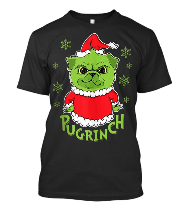 Pugrinch Funny Pug Dog In Christmas Santa Hat With Snowflakes T-Shirt