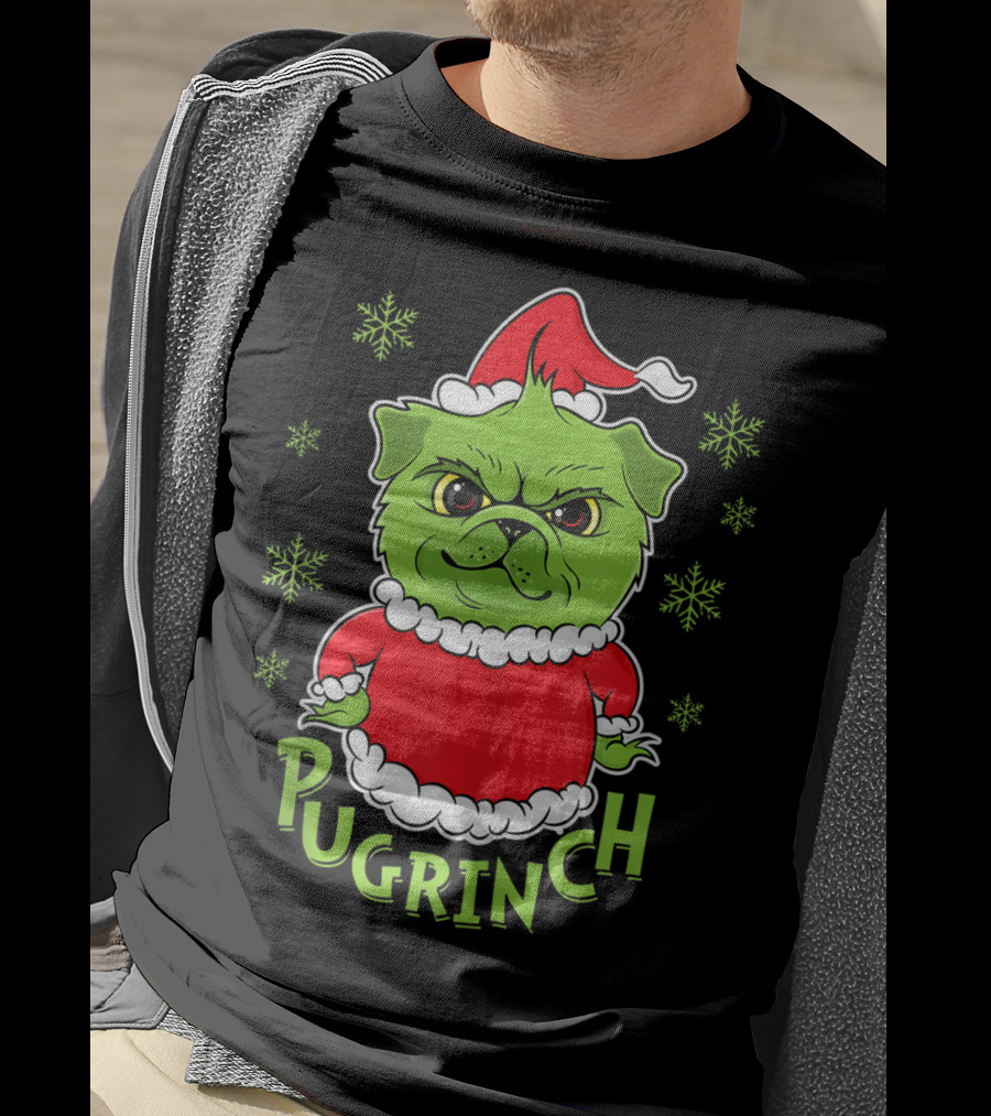 Pugrinch Funny Pug Dog In Christmas Santa Hat With Snowflakes T-Shirt