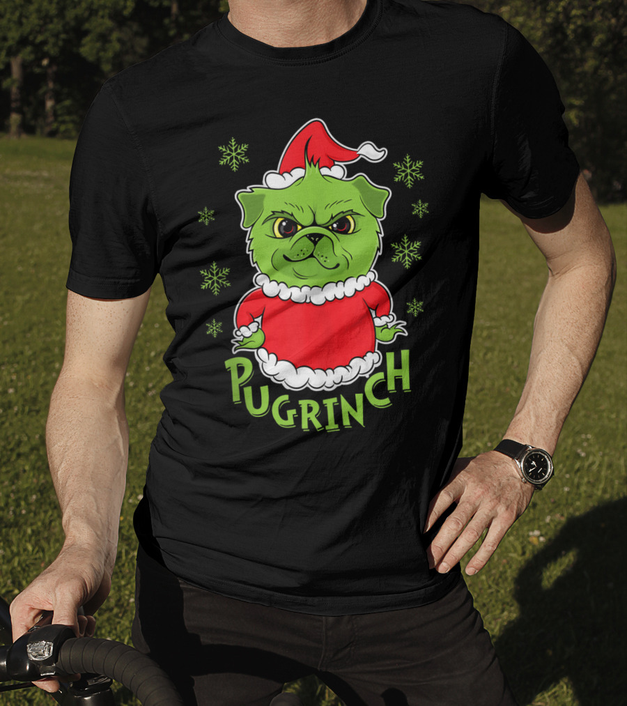 Pugrinch Funny Pug Dog In Christmas Santa Hat With Snowflakes T-Shirt