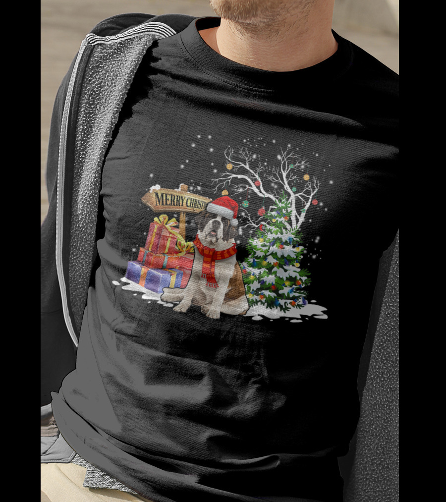 Merry Christmas Saint Bernard Santa Holiday Scene T-Shirt