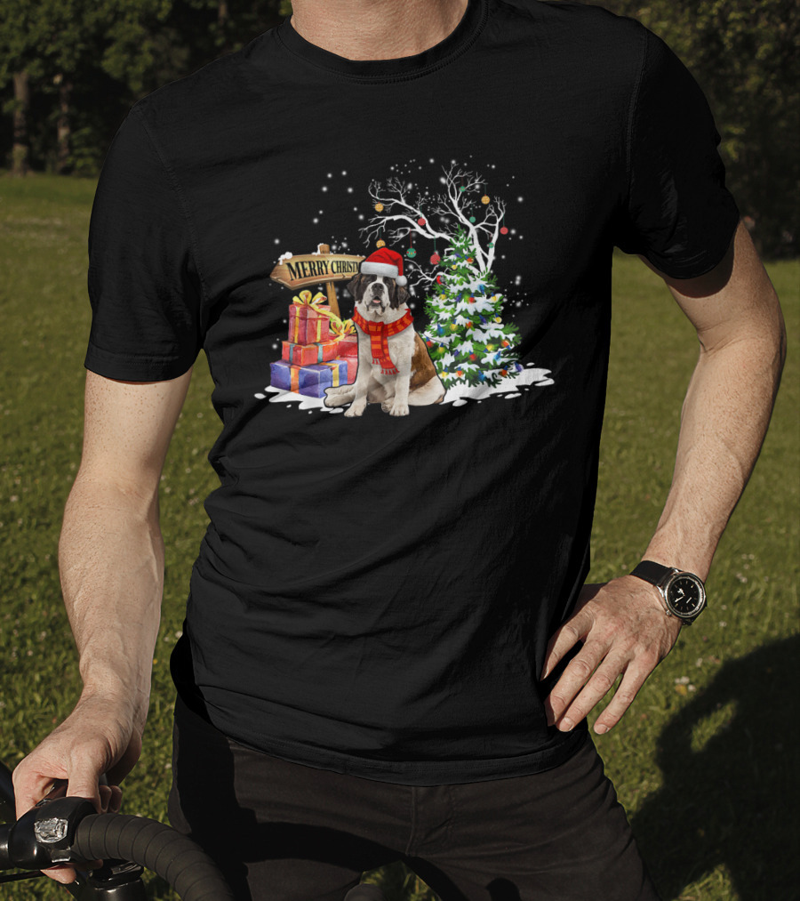 Merry Christmas Saint Bernard Santa Holiday Scene T-Shirt