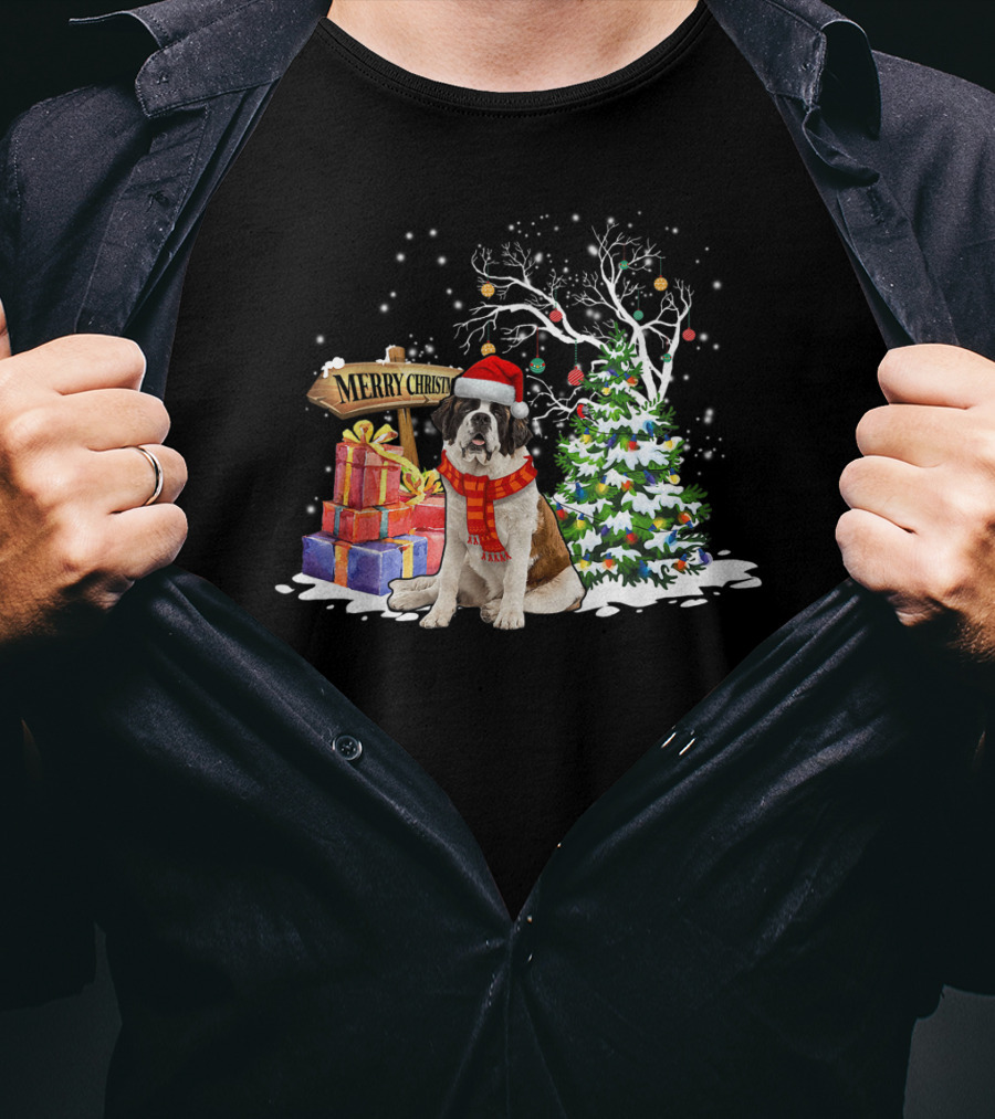 Merry Christmas Saint Bernard Santa Holiday Scene T-Shirt