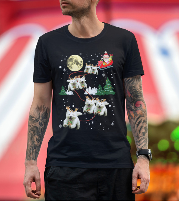 Premium T-Shirt: Santa's Sleigh Pulled by Funny Westie Puppies Under Moonlit Christmas Sky T-Shirt Santa's Sleigh Pulled by Funny Westie Puppies Under Moonlit Christmas Sky T-Shirt