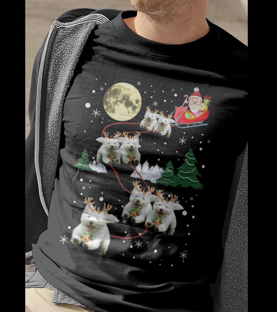 Santa's Sleigh Pulled By Funny Westie Puppies Under Moonlit Christmas Sky T-Shirt
