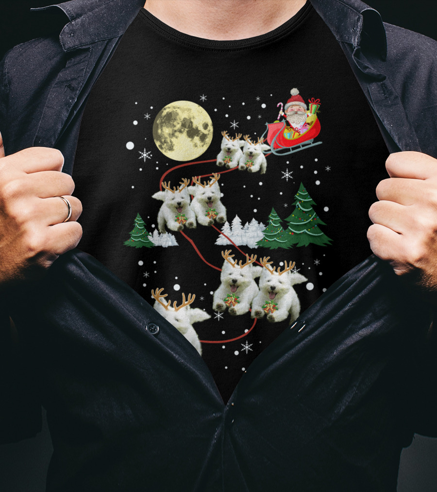 Santa's Sleigh Pulled By Funny Westie Puppies Under Moonlit Christmas Sky T-Shirt