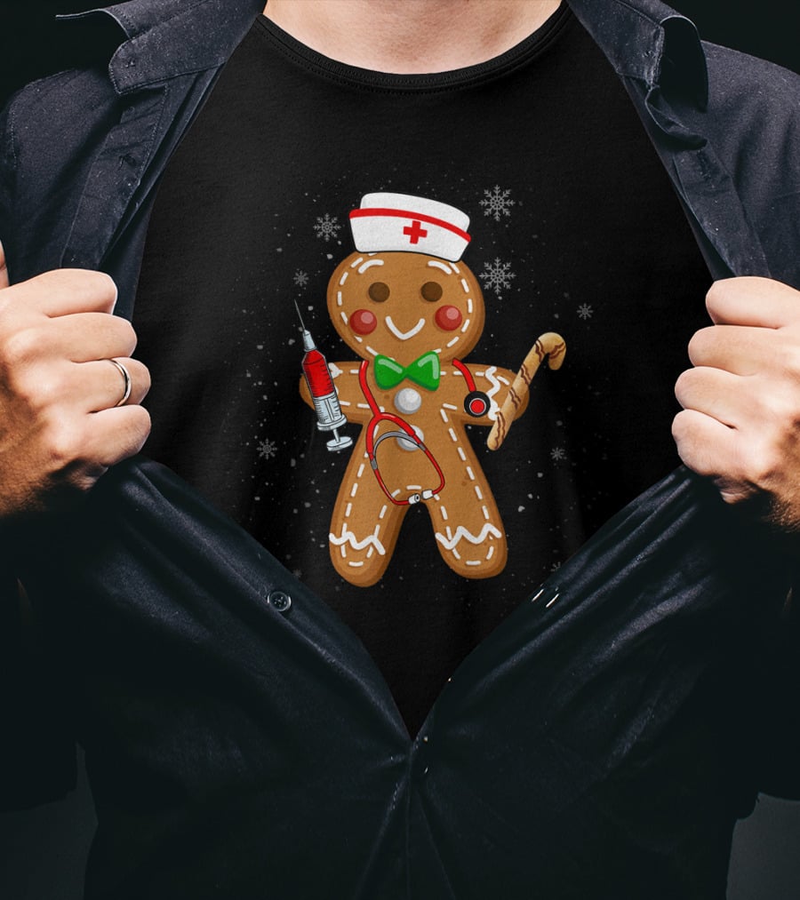 Gingerbread Nurse With Syringe And Stethoscope Christmas Holiday Fun T-Shirt