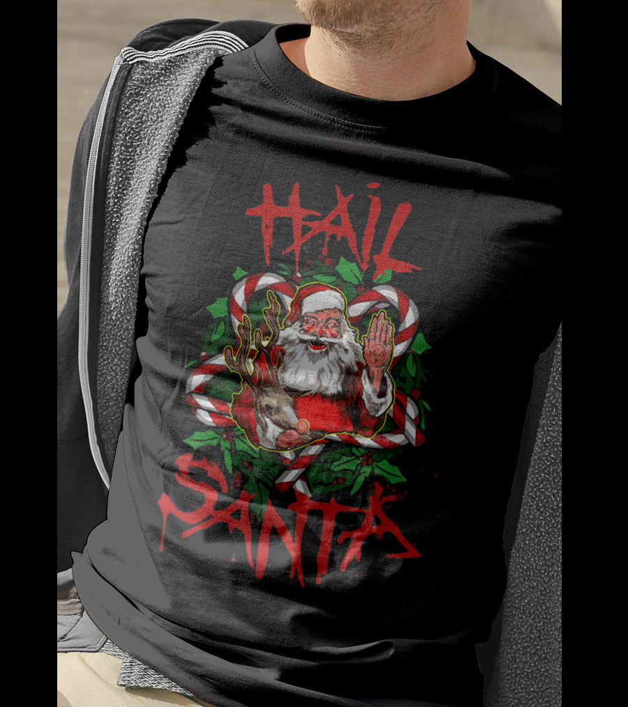 Hail Santa Funny Sleigher Christmas Rock Metal Santa With Reindeer And Candy Cane T-Shirt