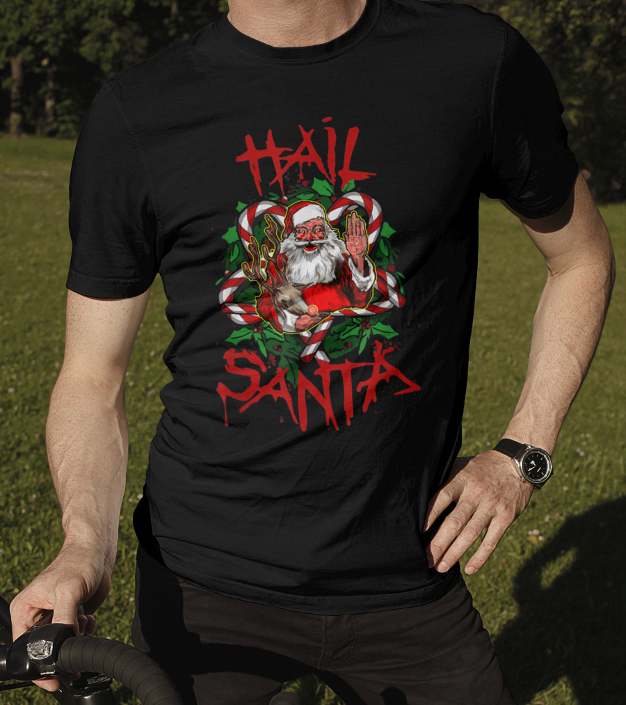 Hail Santa Funny Sleigher Christmas Rock Metal Santa With Reindeer And Candy Cane T-Shirt