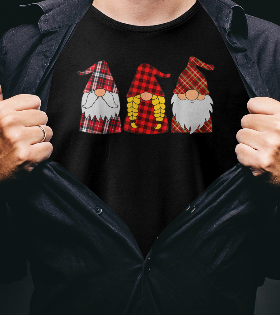 Hanging With Three Red Plaid Gnomies Gnome T-Shirt