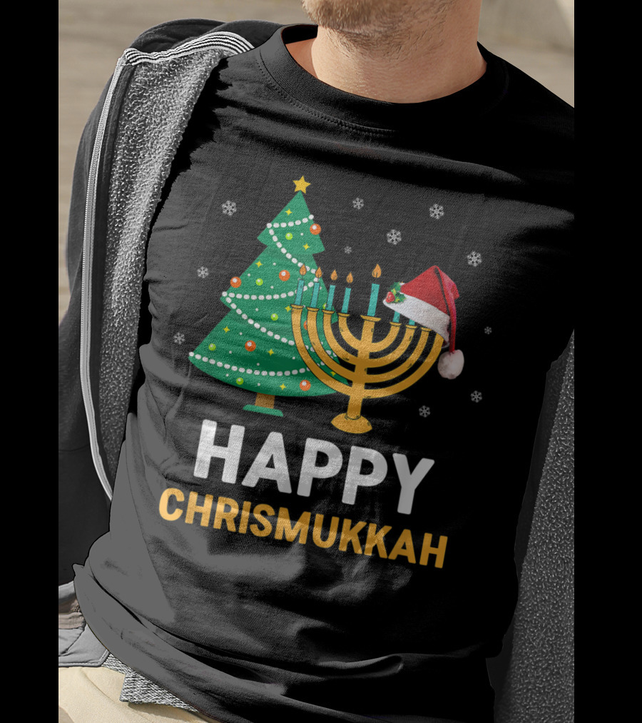 Happy Chrismukkah Funny Hanukkah Christmas Tree Menorah Santa Hat Snowflakes T-Shirt