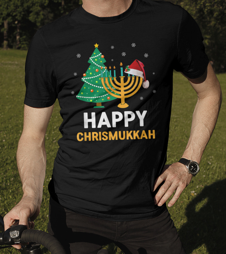 Happy Chrismukkah Funny Hanukkah Christmas Tree Menorah Santa Hat Snowflakes T-Shirt
