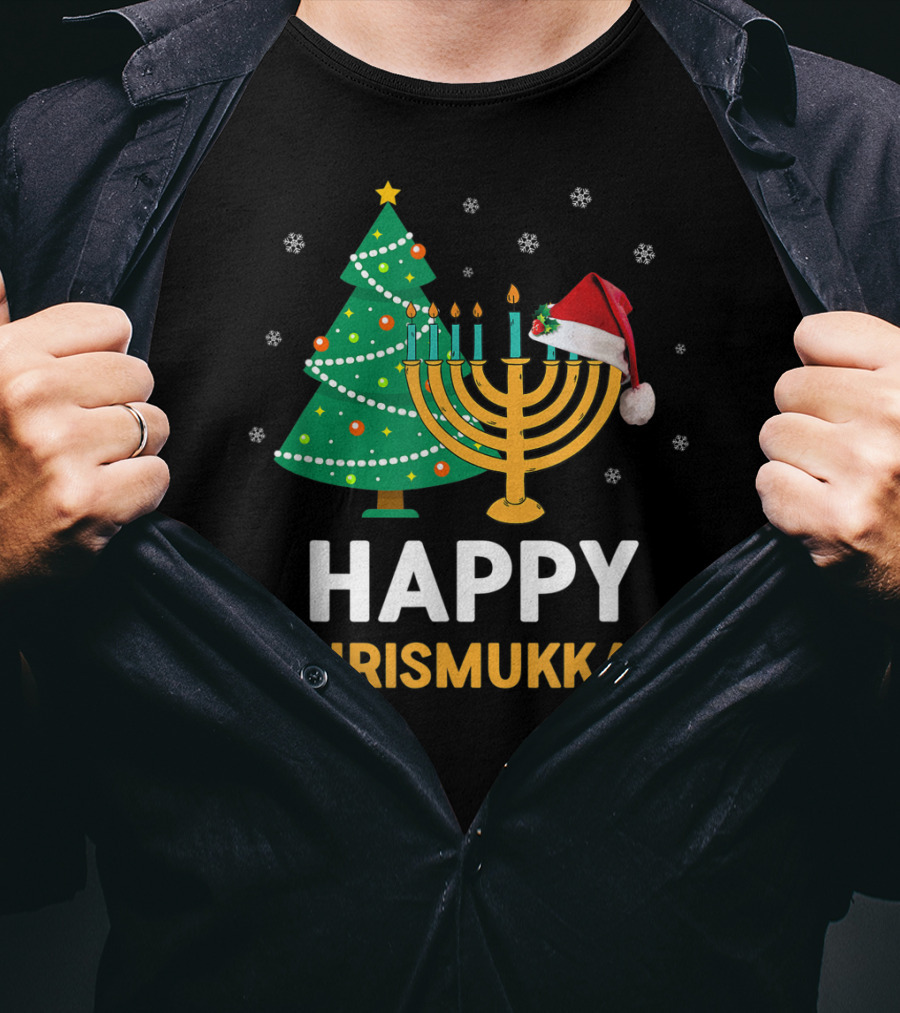 Happy Chrismukkah Funny Hanukkah Christmas Tree Menorah Santa Hat Snowflakes T-Shirt