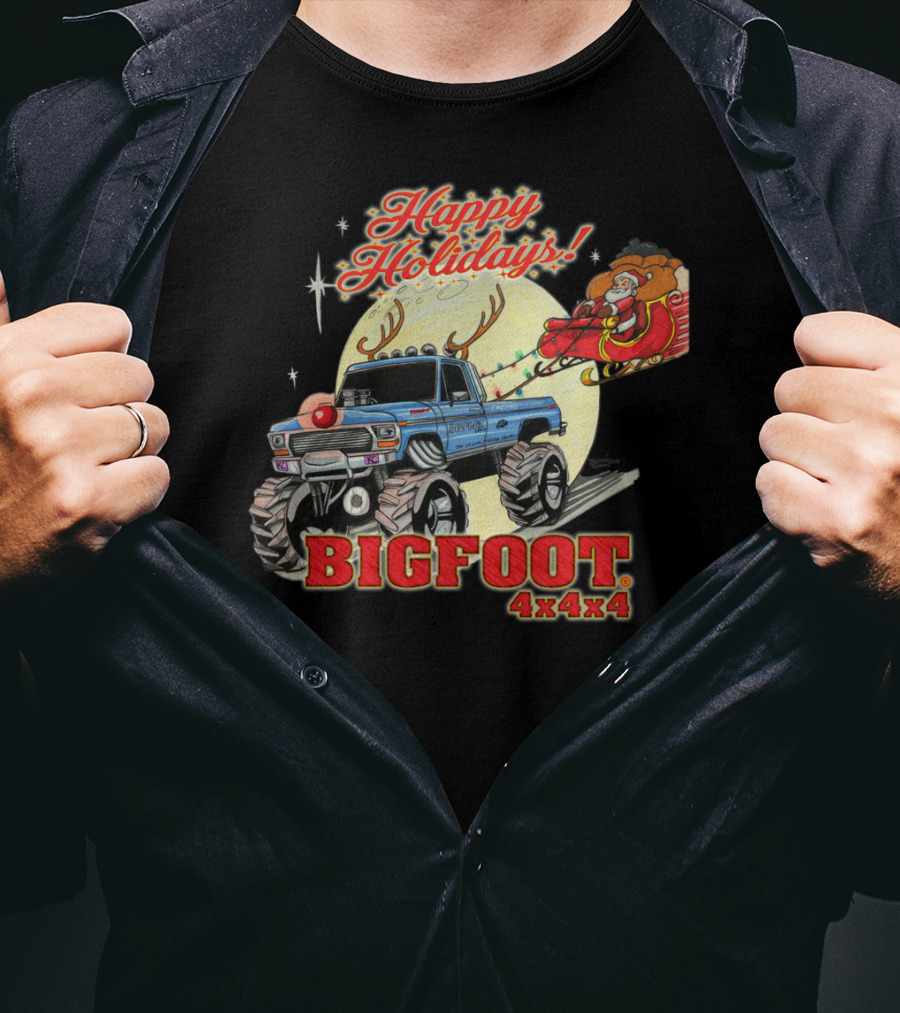 Happy Holidays Bigfoot 4x4x4 Santa Sleigh Reindeer Truck T-Shirt